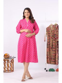 CRAFIQA - Fuchsia Petal Motif Cotton Maternity - Nursing Dress