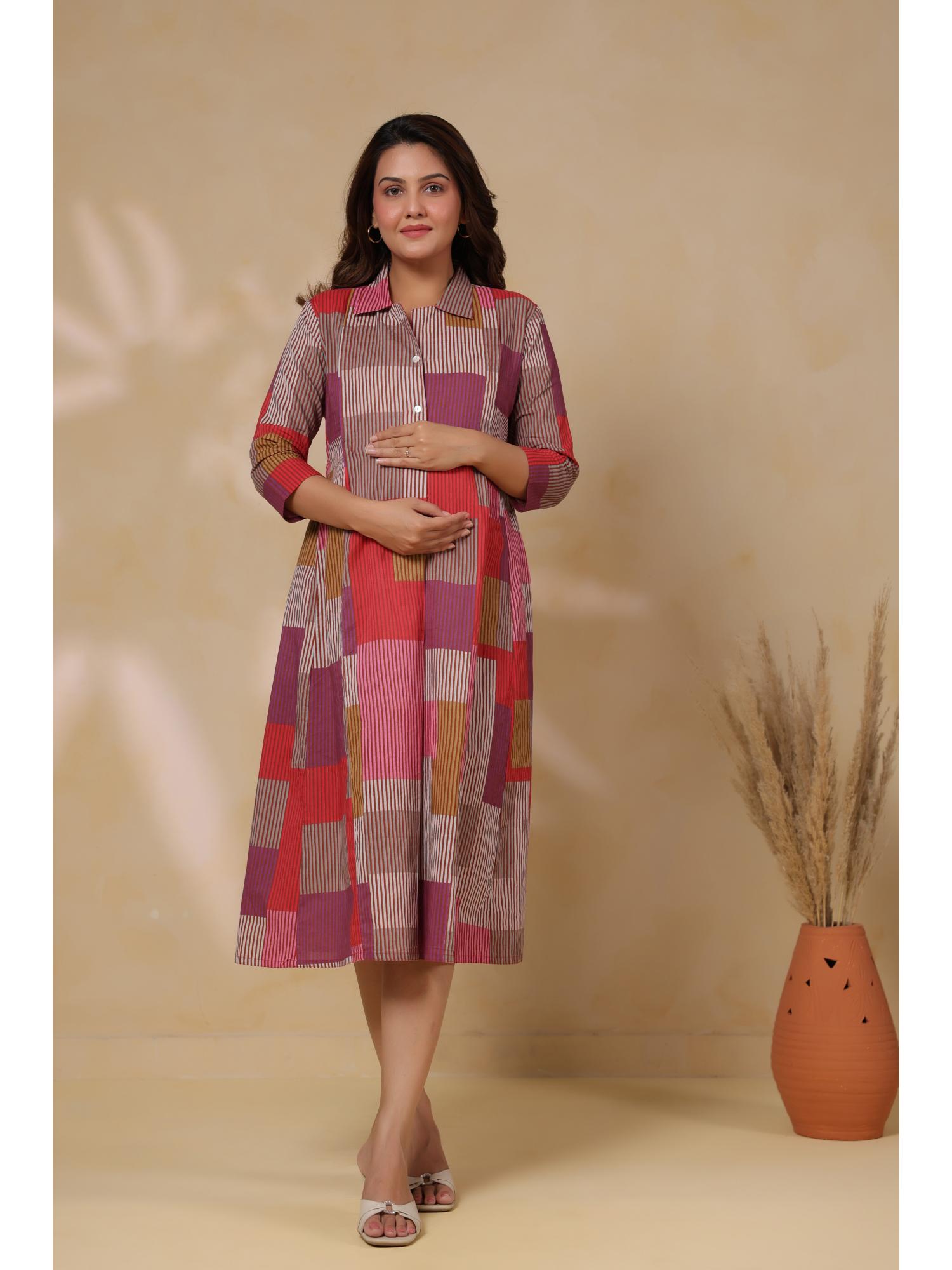 crafiqa Cherry Multi Panelled Cotton Maternity - Nursing Dress-picture-34