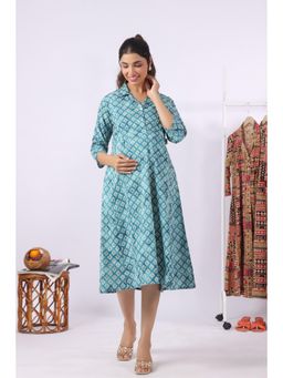 CRAFIQA - Teal Ikat Diamonds Cotton Maternity - Nursing Dress