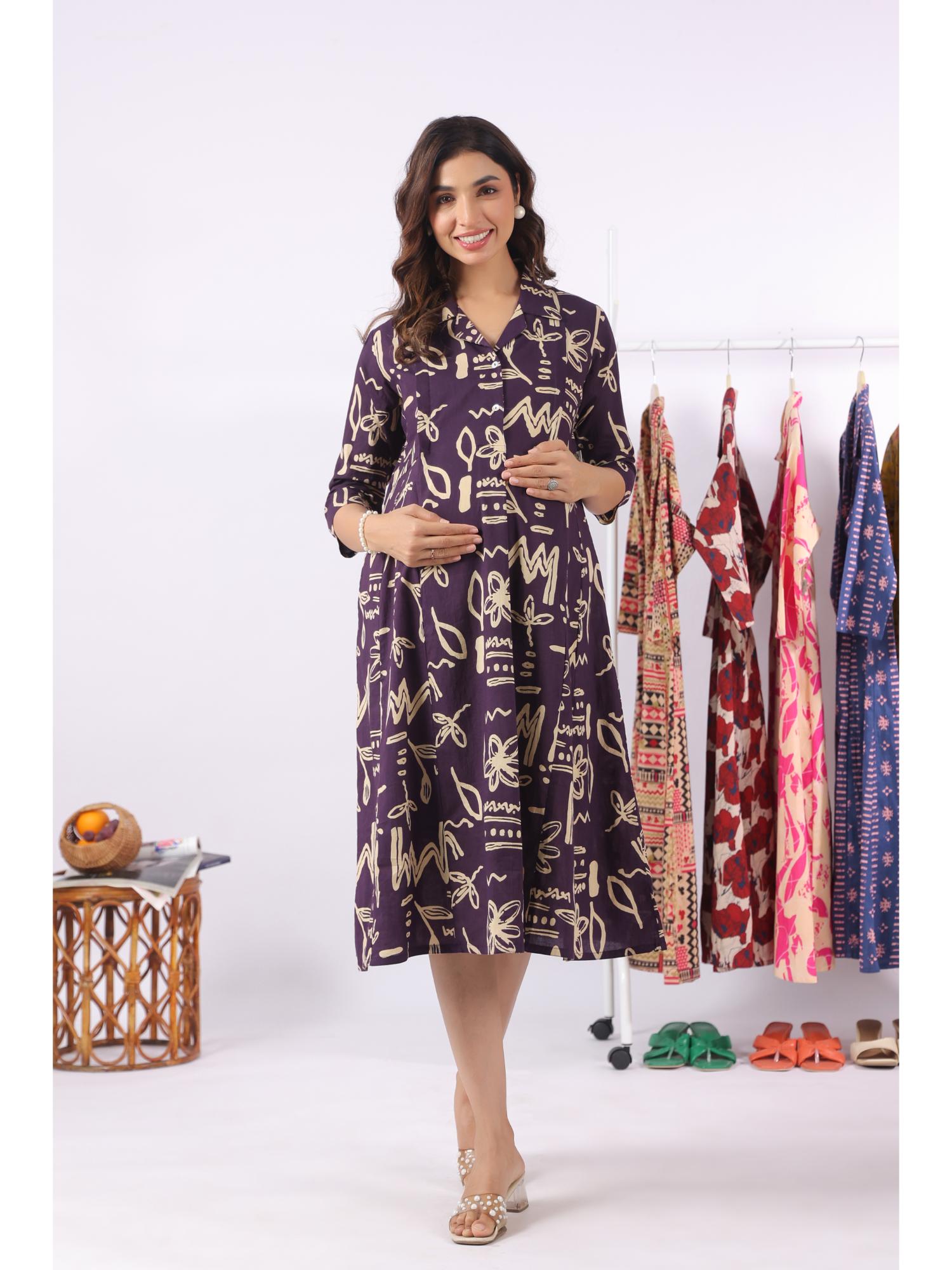 crafiqa Purple Doodle Garden Cotton Maternity - Nursing Dress-picture-17