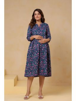 CRAFIQA - Vintage Blue Floral Cotton Maternity - Nursing Dress
