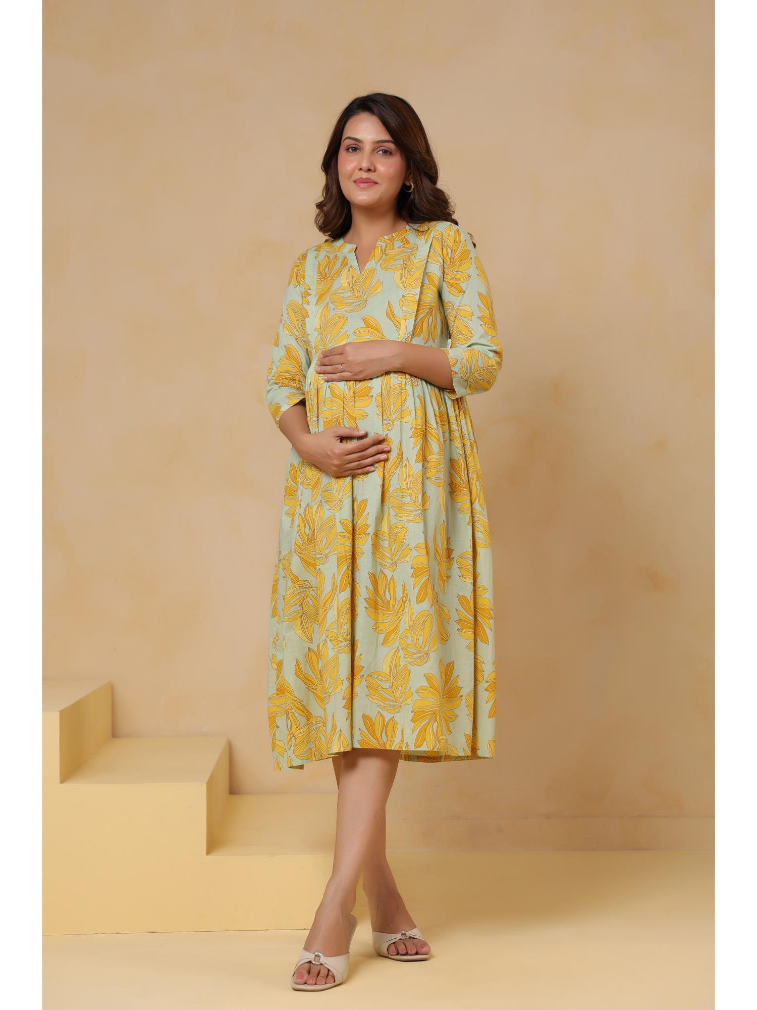 crafiqa Butter Yellow Leafy Cotton Maternity - Nursing Dress-picture-24