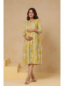 CRAFIQA - Butter Yellow Leafy Cotton Maternity - Nursing Dress