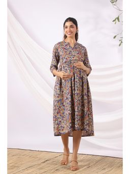 CRAFIQA - Purple Kalamkari Bird Paradise Cotton Maternity - Nursing Dress