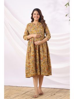 CRAFIQA - Mustard Kalamkari Bird Paradise Cotton Maternity - Nursing Dress