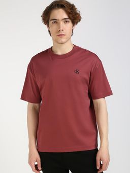 Calvin Klein - Maroon Embroidered Logo Relaxed Fit Cotton T-Shirt