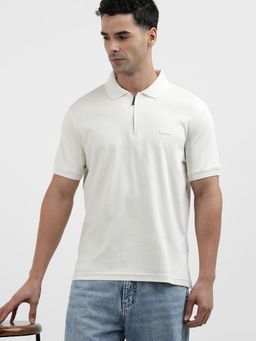 Calvin Klein - Off White Solid Regular Fit Cotton Polo T-Shirt