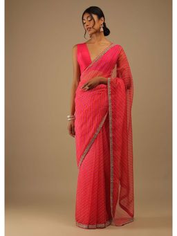 KALKI FASHION - Pink and Hibiscus Leheriyan Print Saree Crafted in Organza with Unstitched Blouse