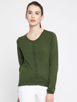 Madame - Solid Round Neck Casual Women Green Sweater