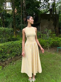 The Clothing Factory - Yellow Gingham Smocked Bodice Dress