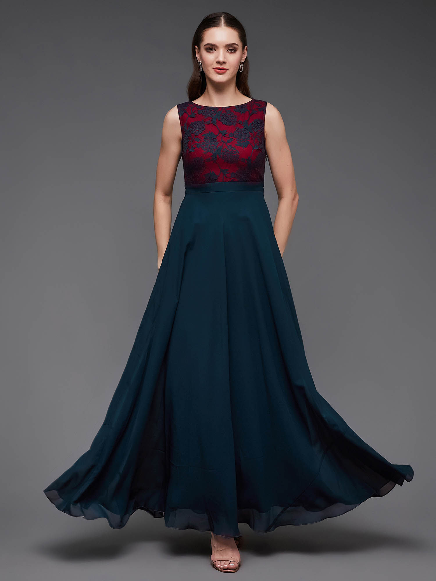 miss chase Women's Teal Sleeveless Laced Floral Fit and Flare Maxi Party Dress-picture-37