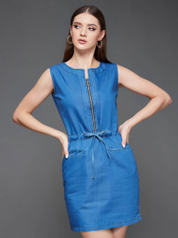 Miss Chase - Women Blue Sleeveless Light Weight Denim Solid Mini Shift Dress