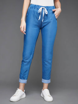 Miss Chase - Women Blue High Rise Clean Look Solid Striped Detailing Denim Joggers
