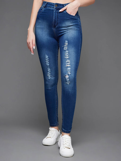 Buy Miss Chase Women Blue Skinny Fit Mid Rise Mildly Distressed