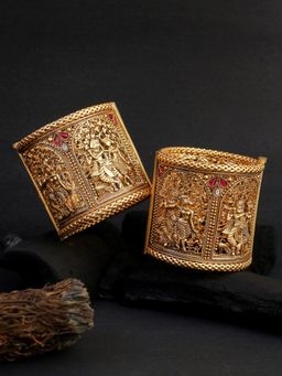 Adwitiya - Women Gold-Plated Temple Design Stone Studded Broad Bangles