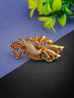Adwitiya - Women Gold Plated Stone-Studded Peacock Design Brooch
