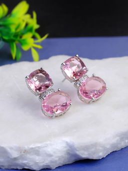 Adwitiya - Women Rhodium Plated Pink Crystal Stone Studded Earrings