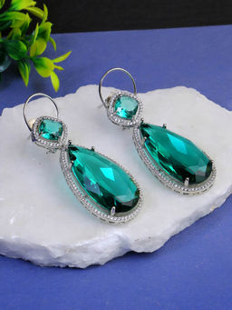 Adwitiya - Women Rhodium Plated Green Stone Studded Earrings