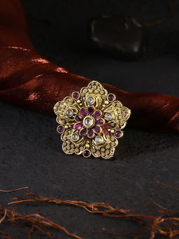 Adwitiya - Women 24Ct Gold-Plated Stone-Studded Handcrafted Flower Finger Ring