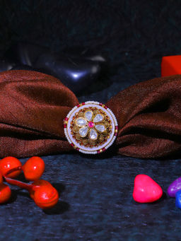 Adwitiya - Women 24Ct Gold-Plated Kundan Studded Pearl-Beaded Handcrafted Flower Finger Ring