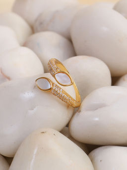 Adwitiya - Women Gold Plated Stone Studded Mother of Pearl Adjustable Finger Ring