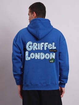 Griffel - Blue Text Printed Oversized Hoodie