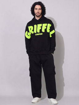 Griffel - Black Text Printed Oversized Hoodie