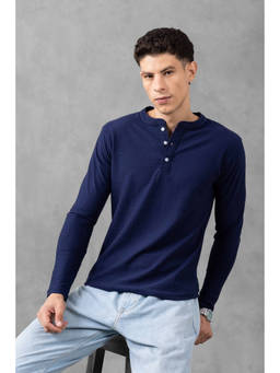 GRITSTONES - Men Navy Blue Ottoman Textured Henley T-shirt