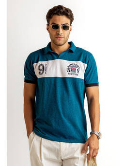 GRITSTONES - Men Teal Typography Cotton Polo T-shirt