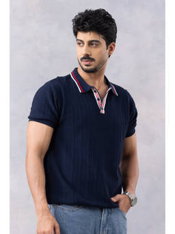 GRITSTONES - Men Navy Blue Textured Premium Flat Knit Polo T-shirt