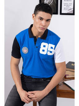 GRITSTONES - Men Royal Blue Cotton Half Sleeves Colorblock Polo T-shirt