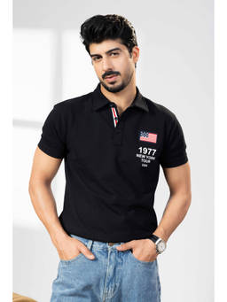 GRITSTONES - Men Black Cotton Half Sleeves Text Printed Polo T-shirt
