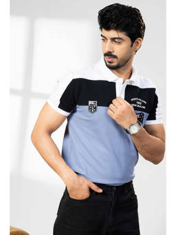 GRITSTONES - Men Blue Cotton Half Sleeves Colorblock Polo T-shirt