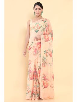 Soch - Women Peach Chiffon Floral Saree with Unstitched Blouse