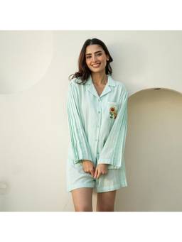 ORDINAREE - Bird Blue Embroidered Shirt and Shorts