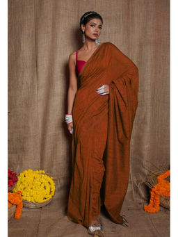 Unnati Silks - Orange Pure Cross Weave Plain Cotton Linen Tassels Saree with Unstitched Blouse