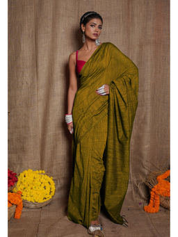 Unnati Silks - Olive Pure Plain Cotton Linen Tassels Saree with Unstitched Blouse