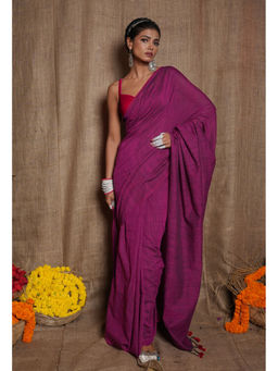 Unnati Silks - Pink Pure Plain Linen Tassels Saree with Unstitched Blouse