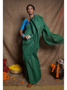 Unnati Silks - Green Pure Cross Weave Plain Cotton Linen Tassels Saree with Unstitched Blouse