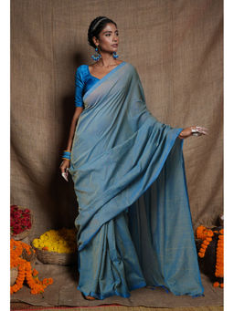 Unnati Silks - Blue Pure Cross Weave Plain Cotton Linen Tassels Saree with Unstitched Blouse