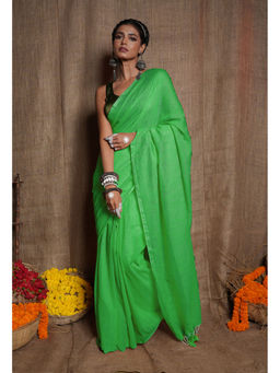 Unnati Silks - Parrot Green Pure Cross Weave Plain Cotton Linen Tassels Saree with Unstitched Blouse