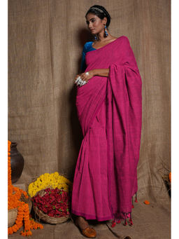 Unnati Silks - Pink Pure Cross Weave Plain Cotton Linen Tassels Saree with Unstitched Blouse