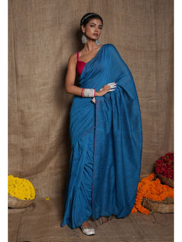 Unnati Silks - Teal Pure Cross Weave Plain Cotton Linen Tassels Saree with Unstitched Blouse