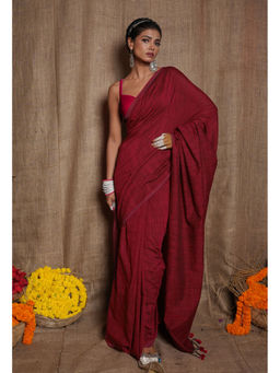 Unnati Silks - Maroon Pure Cross Weave Plain Cotton Linen Tassels Saree with Unstitched Blouse