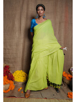 Unnati Silks - Green Pure Cross Weave Plain Cotton Linen Tassels Saree with Unstitched Blouse