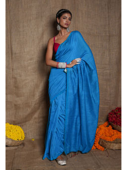 Unnati Silks - Blue Pure Cross Weave Plain Cotton Linen Tassels Saree with Unstitched Blouse