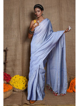 Unnati Silks - Blue Pure Cross Weave Plain Cotton Linen Tassels Saree with Unstitched Blouse