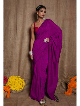 Unnati Silks - Pink Pure Cross Weave Plain Cotton Linen Tassels Saree with Unstitched Blouse