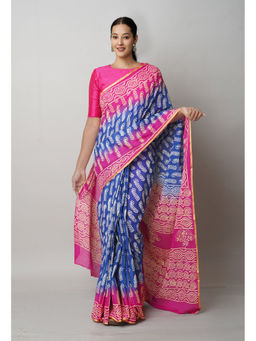 Unnati Silks - Navy Blue Pure Contrast Hand Block Printed Mulmul Cotton Saree with Unstitched Blouse