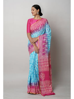 Unnati Silks - Turquoise Pure Hand Block Printed Soft Cotton Saree with Unstitched Blouse